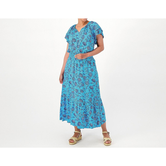 Destination 365 Dresses & Skirts - Destination 365 Print Short-Sleeve Midi Dress Smocking TurquoiseFloral,Petite 1X
